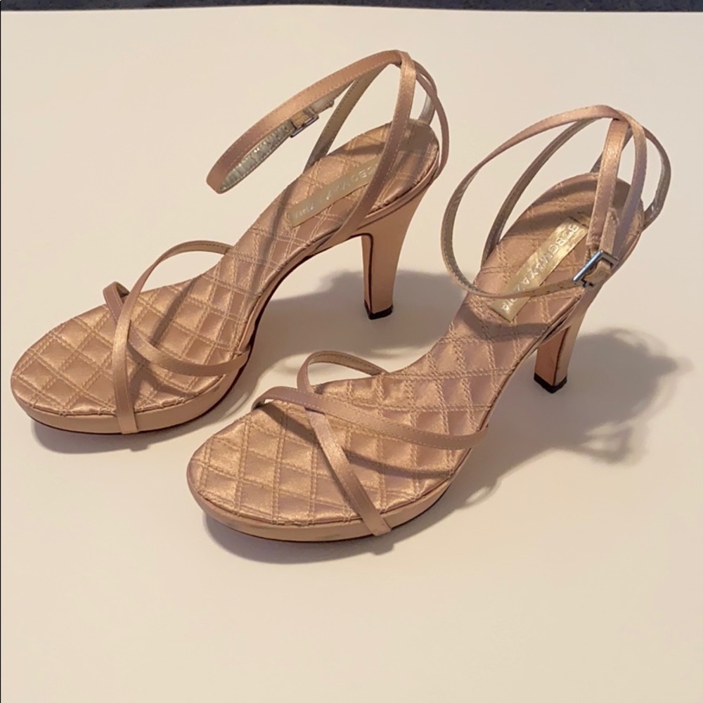 BCBG Maxazaria champagne satin cross-cross heels